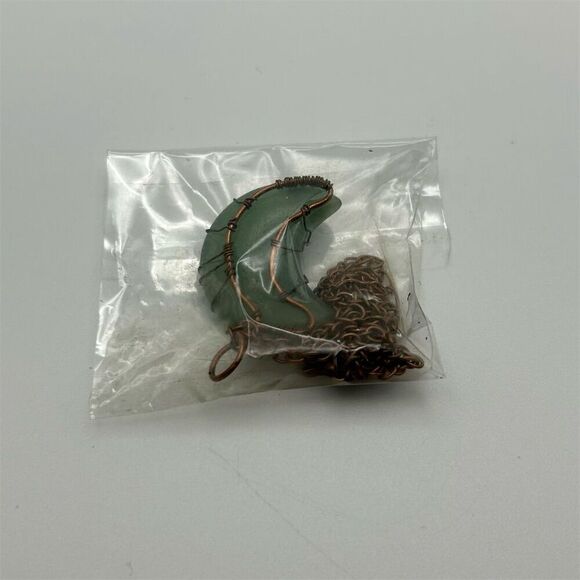 Tree of Life Crescent Moon Pendant Necklace Green Aventurine 20" Copper Brown - Picture 5 of 7